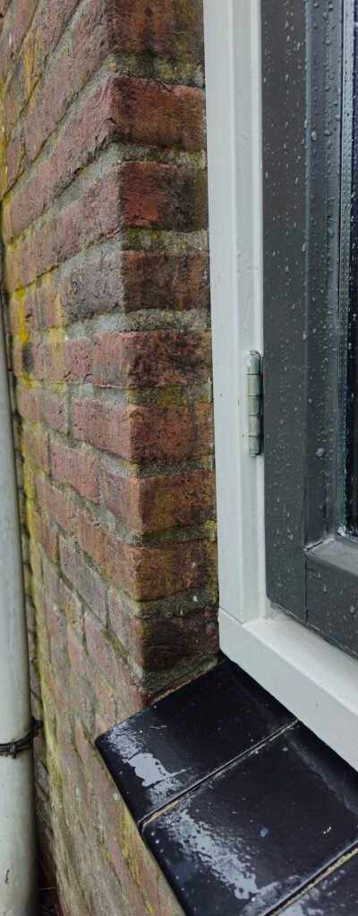 Close-up van baksteen naast een kozijn en een waterslag, met groene aanslag.